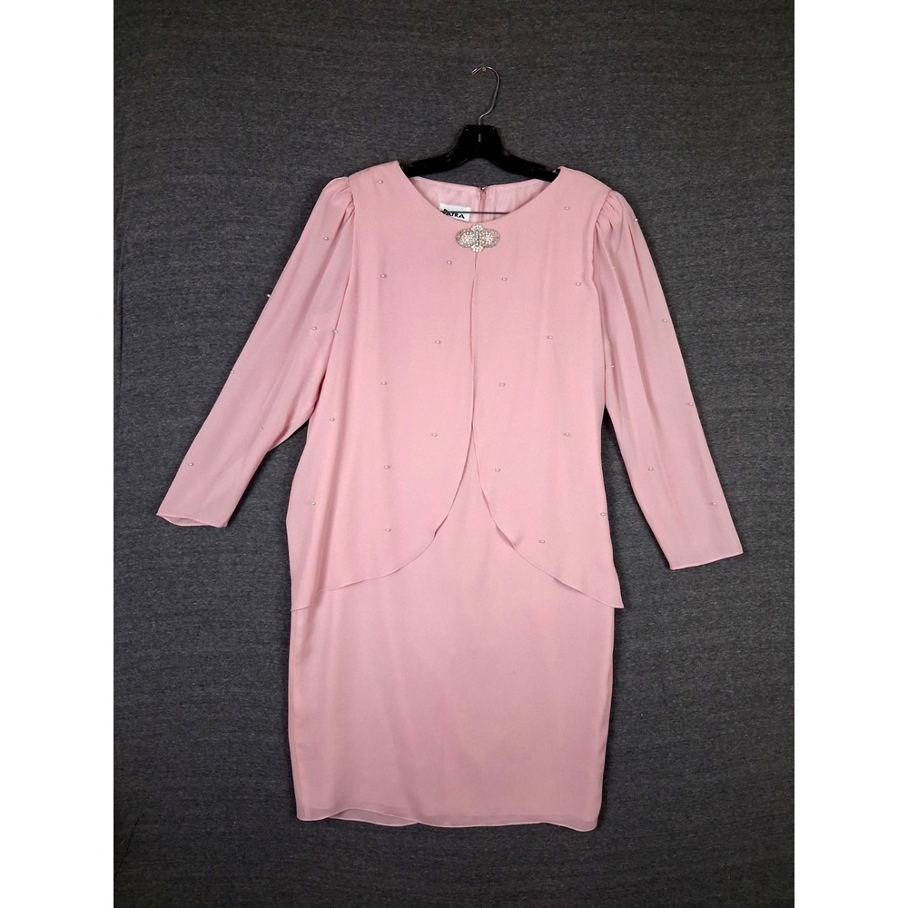 VTG Patra Women Dress 16 Pink Chiffon Sheath Retro Mother Of Bride Modest Formal